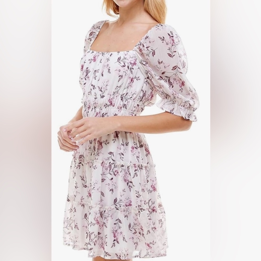 Trixxi Pink Floral Mini Dress | Puff Sleeve Square Neck | Cottagecore - Picture 2 of 4
